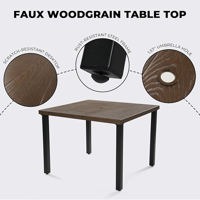 Grand patio 5-Piece Outdoor Dining Set for 4, Patio Dining Set with Swivel Patio Chairs & 1 Square Woodgrain Dining Table with Umbrella Hole, Coffee
