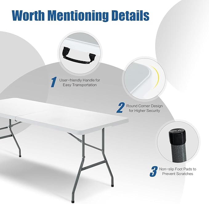 Giantex Folding Picnic Table, 6FT Portable Foldable Tables for Party BBQ, Metal Legs, HDPE, White Outdoor Indoor Camping Table with Handle, No Assembly