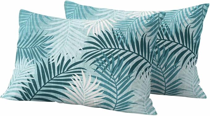 Outdoor Waterproof Throw Pillow Covers, Teal Palm Leaves Decorative Pillow Cases, Summer Botanical Tropical Leaf Couch Pillow Protector Patio Sofa Cushion Covers Replacement 20"x12" 2 Pack