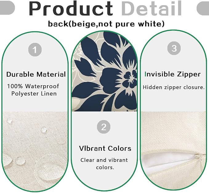 Waterproof Dark Blue Dahlia Floral Outdoor Pillow Covers 12x20 Inch, Decorative Spring Summer Cushion Cases for Living Room Sofa Patio Garden Porch