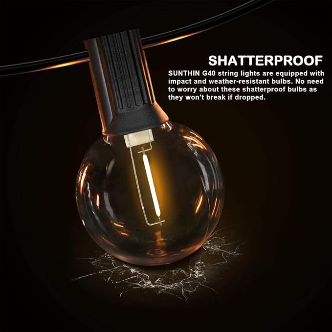 SUNTHIN Outdoor String Lights, 48FT Patio Lights with 25 G40 Shatterproof LED Bulbs(1 Spare), Waterproof Hanging Lights String for Outside Backyard, Porch, Deck, Party, Garden