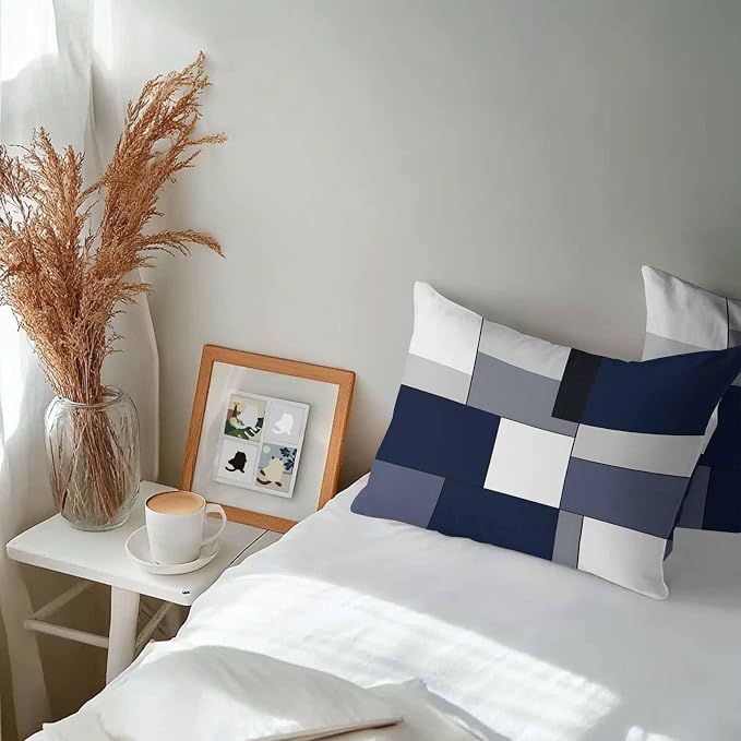 Modern Blue White Grey Plaid Outdoor Pillow Covers 20x12in Pack of 2 Waterproof Pillowcase Abstract Geometric Checkered Decorative Throw Cushion Case for Patio Couch Sofa