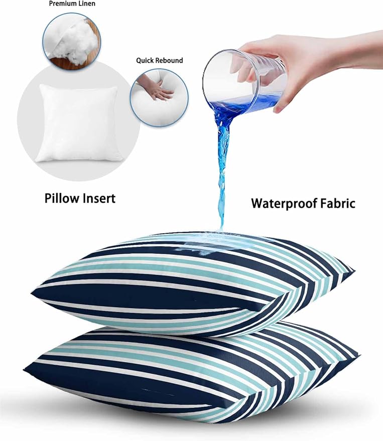 Outdoor Waterproof Throw Pillows Nautical Navy Blue Contrast Stripe Patio Pillows,Decorative Pillow Covers with Insert,Pillow Cushion Case for Garden Couch Sofa Modern Minimalist Line