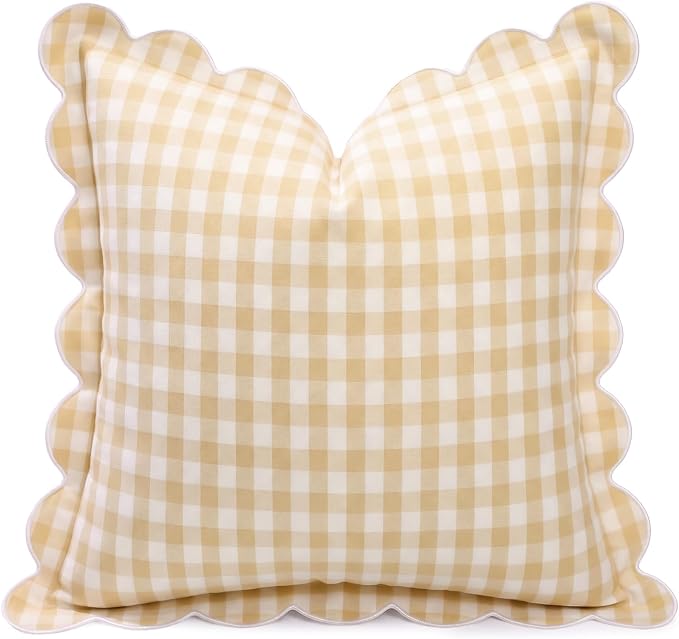 Gingham Scalloped Throw Pillow Cover 20"x20",Beige