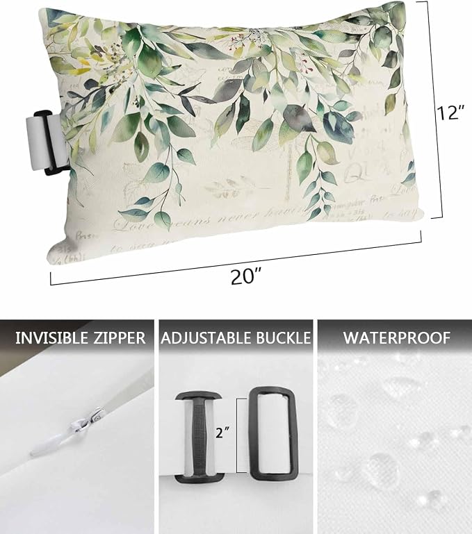 Lumbar Pillow Covers Set of 2, Eucalyptus Leaves Waterproof Outdoor Chaise Lounge Pillow Covers with Elastic Strap, Watercolor Weeping Teal Botanical Vintage Headrest Pillowcase for Patio, 12 x 20