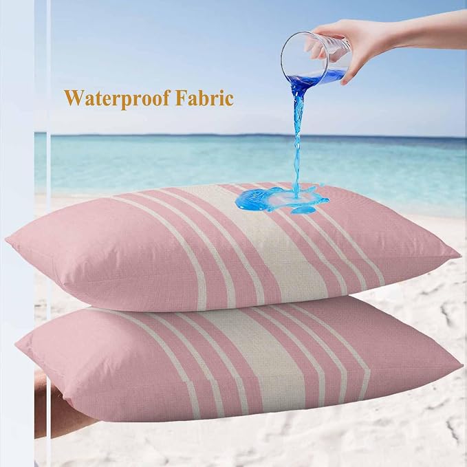 Lumbar Pillow Covers 20x12 Inch Set of 2, Pink Beige Striped Waterproof Outdoor Cushion Covers, Modern Farmhouse Retro Lines Decorative Pillowcases for Couch, Sofa, Bed, Garden, Patio