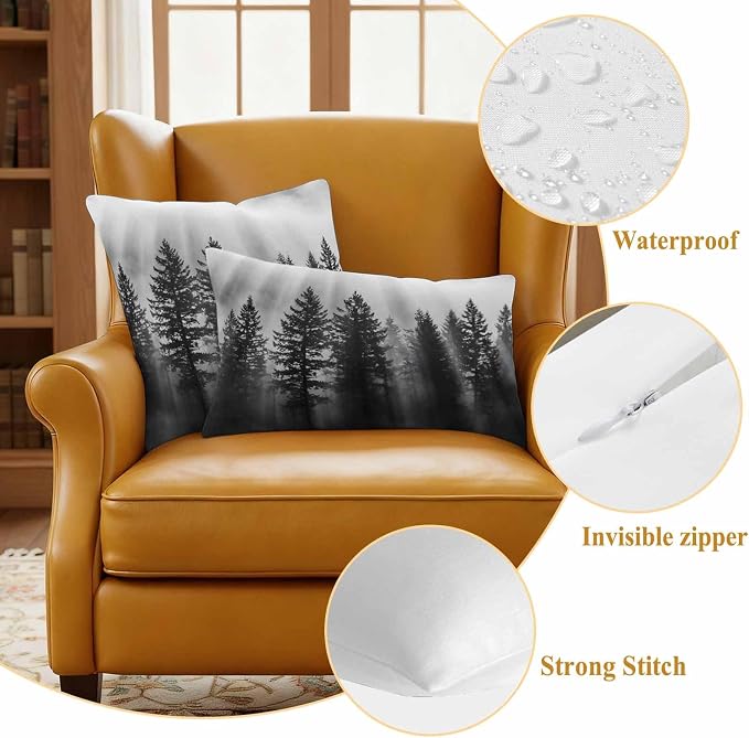 Black Forest Mist Scenery Outdoor Pillow Covers 18"x18" Set of 2, Nature Pine Trees Sunbeams Modern Waterproof Throw Pillow Covers for Patio Furniture, Decorative Cushion Covers for Porch