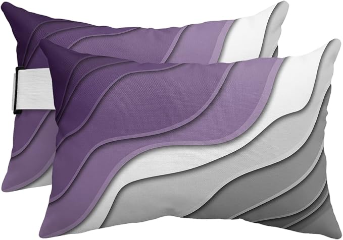 Geometric Ombre Lounge Pillows Outdoor, Aesthetic Purple Grey White Gradient Abstract Head Pillows, Modern Waterproof Patio Furniture Lumbar Pillows with Adjustable Elastic Strap for Recliner Beach