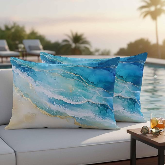 Abstract Waves Outdoor Waterproof Throw Pillow Covers Set of 2, 20"x12", Surrealism Spray Beach Ocean Watercolor Decorative Pillow Covers Outside Cushion Case for Patio Porch Garden