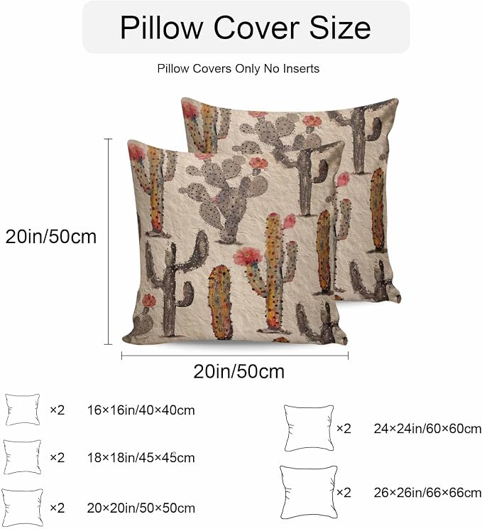 Vandarllin Outdoor Throw Pillows Covers 24x24 inch Set of 2 Waterproof Watercolor Cactus Decorative Zippered Cushion Covers for Patio Furniture, Abstract Floral Desert Lumbar Pillowcases