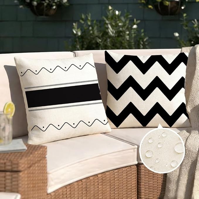RABUSOFA Outdoor Pillow Covers 18x18 Black Modern Geometry Decor Set of 4 | Chevron Zigzag,Not Insert,Waterproof Fabric,Machine Washable,Invisible Zipper,Decoration for Patio Furniture Sunbrella Couch