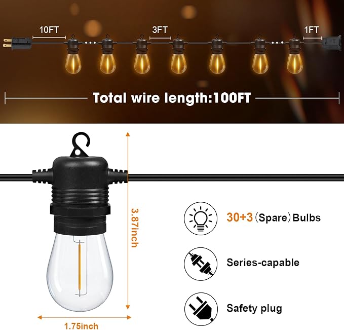 GvvooHome 100FT LED Outdoor String Lights, Commercial Grade Patio Lights with 30+2 Shatterproof S14 Edison Vintage Bulb for Outside Backyard Porch Balcony Party Cafe Decor
