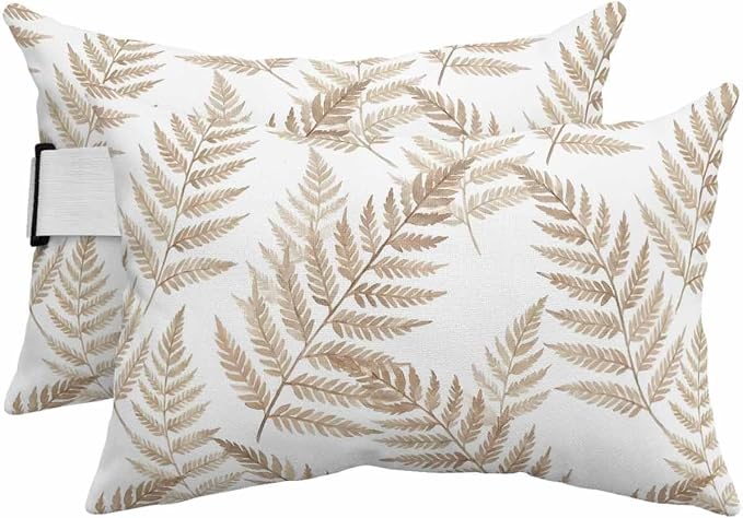 Lumbar Pillow Covers Set of 4, Brown Ferns Waterproof Outdoor Chaise Lounge Pillow Covers with Elastic Strap, Spring Summer Botanical Leaves Headrest Pillowcase for Patio, 12 x 20
