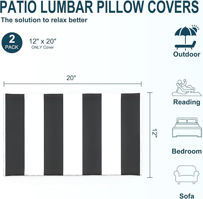 DYTXIII Pack of 2 Outdoor Waterproof Lumbar Pillow Covers ONLY, 12x20 Rectangle Decorative Double Printed Pillow Cases for Patio Couch Porch Furniture - Cabana Black
