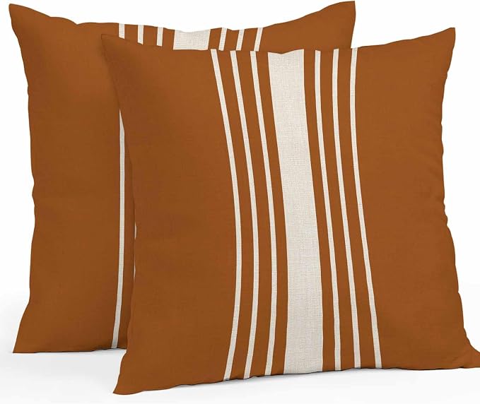 Throw Pillow Covers 18x18 Inch Set of 2, Burnt Orange Beige Striped Waterproof Outdoor Cushion Covers, Modern Farmhouse Retro Lines Decorative Pillowcases for Couch, Sofa, Bed, Garden, Patio