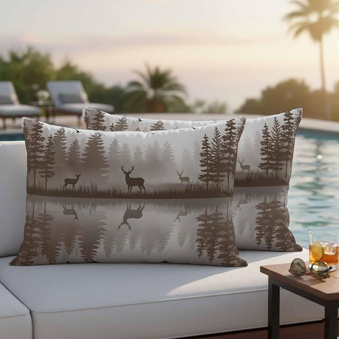 Yukro Brown Nature Landscape Outdoor Waterproof Pillow Covers Pack of 2, Deer Misty Lake Foggy Forest Birds Throw Pillowcases Decorative Cushion Covers for Garden Patio Tent Sofa Couch, 20x12 inch