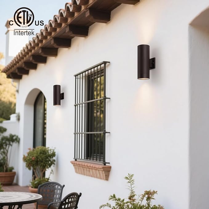 mirrea 14" Modern Outdoor Porch Light 2 Lights, Oil Rubbed Bronze, 2 Pack | Aluminum cylinder exterior fixtures, tempered glass cover, waterproof wall sconce & patio light for outdoor use.