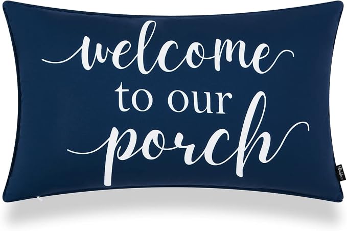 Hofdeco Premium Porch Patio Indoor Outdoor Lumbar Pillow Cover ONLY for Backyard, Couch, Sofa, Navy Blue Welcome to Our Porch, 12"x20"
