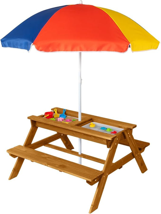 JOYMOR 4-in-1 Kids Picnic Table w/2 Sensory Bins, Cedar Wooden Sand & Water Table with Height Adjustable Umbrella, Wooden Kids Outdoor Picnic Tables for Garden, Backyard, Patio Furniture(Natural)