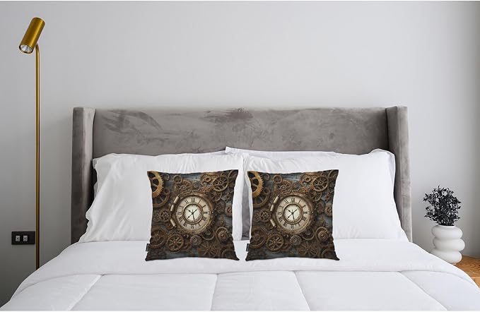 Swono Outdoor Pillow Covers Steampunk, Rusty Steampunk Clock Retro Gears Home Decorative Throw Pillow Case Cushion Cover for Men/Woman/Bed/Sofa/Office/Car 18x18 Inch, 2Pcs Pillow Covers, Gold Bronze