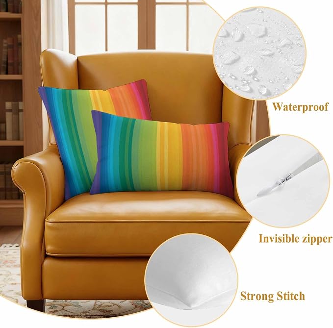 Colorful Stripes Rainbow Outdoor Pillow Covers 18x18in Pack of 2 Waterproof Pillowcase Watercolor Line Minimalist Geometric Decorative Throw Cushion Case for Patio Couch Sofa