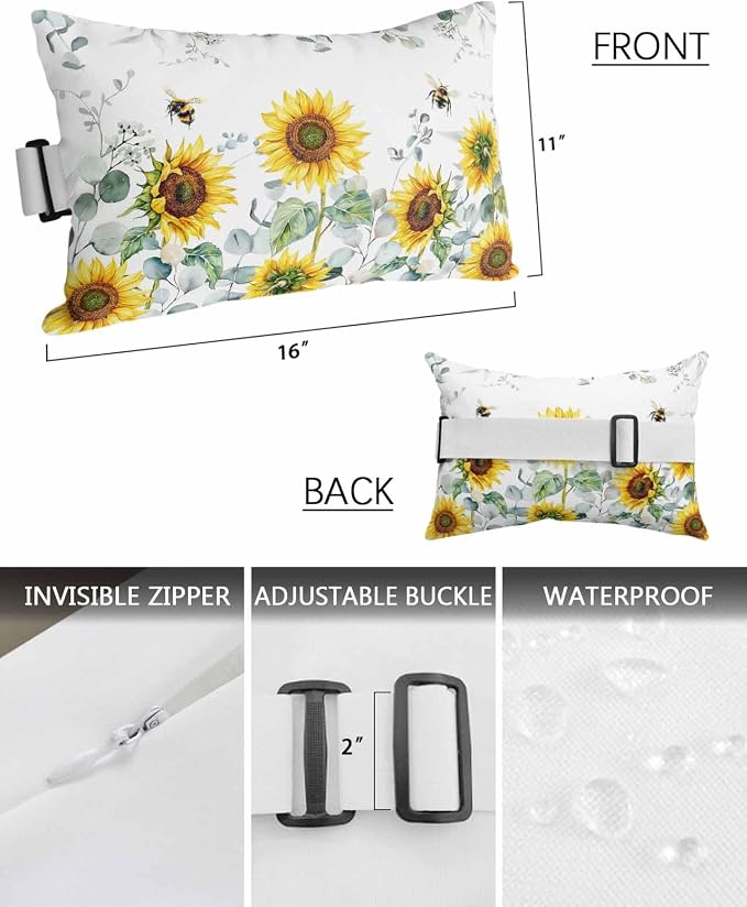 Outdoor Pillows Covers with Inserts Eucalyptus Leaves Sunflowers Bee Flower Waterproof Recliner Pillow with Adjustable Strap Throw Pillows for Patio Furniture Pool Lounge Chair, 11x16 inch, 2PCS