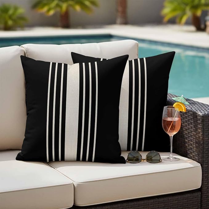 Black Beige Striped Outdoor Pillow Covers 26x26 Inch Throw Pillow Covers Set of 2 Waterproof Decorative Pillow Cases Modern Farmhouse Retro Lines Cushion Covers for Patio Furniture Garden Couch Sofa