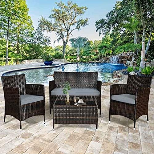 HAPPYGRILL 4 Pieces Patio Sofa Set Rattan Wicker Furniture Patio Conversation Set with Cushioned Sofa and Coffee Table for Outdoor Backyard Garden Poolside