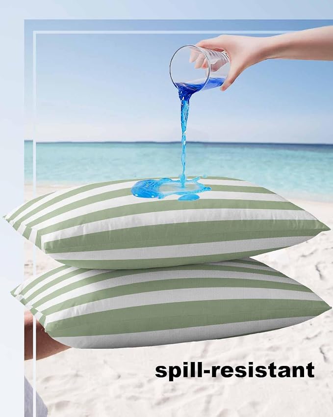 Outdoor Pillows 20x12 Waterproof Outdoor Pillow Covers Spring Stripes Green Polyester Throw Pillow Covers Garden Cushion Decorative Case for Patio Couch Decoration Set of 2 Sage Green