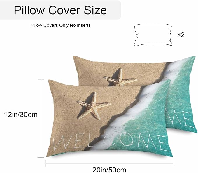 Summer Coastal Outdoor Throw Pillow Cover Ocean Starfish Shells on Beach Waterproof Cushion Covers 2 Pack Welcome Texts Pillow Cases Home Decoration for Patio Garden Couch Sofa 20x12In