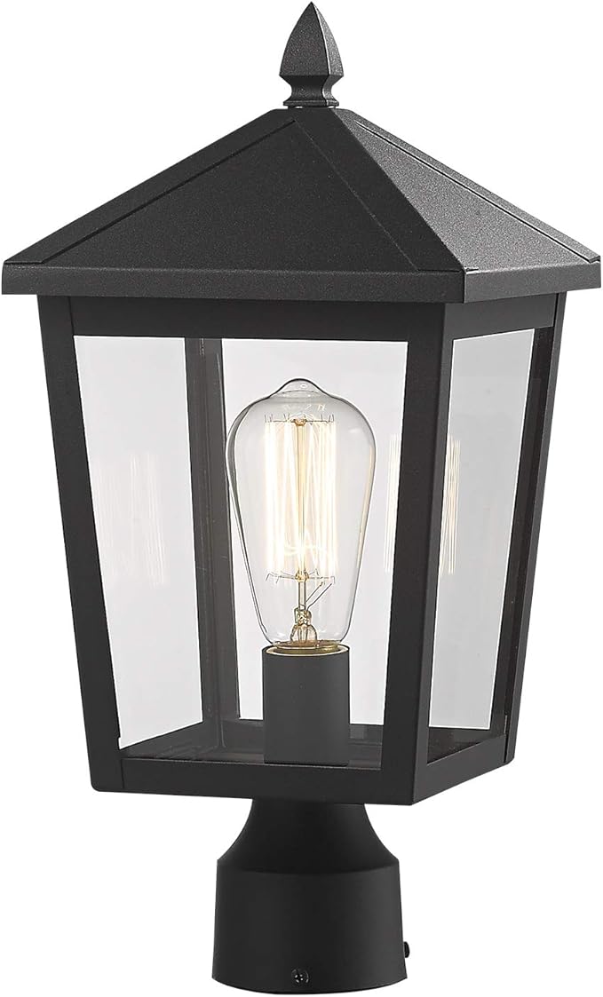 zeyu Outdoor Post Light, 16 Inch Exterior Pole Light Pillar Lantern with Clear Glass Shade and Black Finish, 20076P