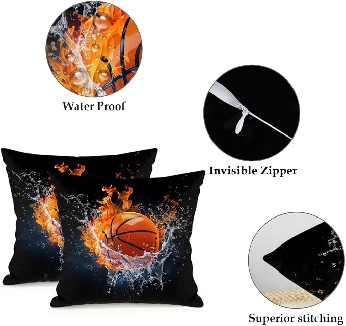20x20 Inch Outdoor Pillow Covers Set of 2 Waterproof Throw Pillow Covers Decorative Couch Cushion Covers Basketball in Fire Square Pillowcases Protectors for Patio Garden Sofa