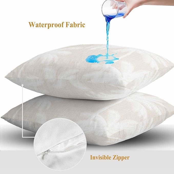 Outdoor Pillow Covers 24x24 Inch Set of 2, Cream Palm Trees Waterproof Throw Pillow Covers, Farmhouse Tropical Summer Beach Decorative Cushion Pillowcases for Couch, Sofa, Bed, Garden, Patio