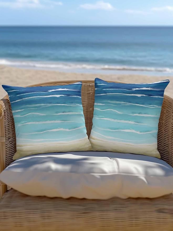 Set of 2 Outdoor Pillows Waterproof, Blue Beige Ombre Indoor/Outdoor Throw Pillows with Inserts, Coastal Nautical Summer Beach Wave Decorative Pillow for Patio Furniture Chairs Couch 16"x16"
