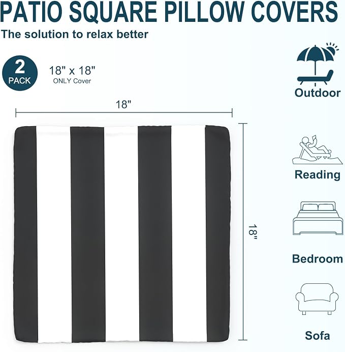 DYTXIII Pack of 2 Outdoor Waterproof Pillow Covers ONLY, 18"x18" Square Decorative Double Printed Throw Pillow Cases for Patio Couch Porch Furniture, Cabana Black