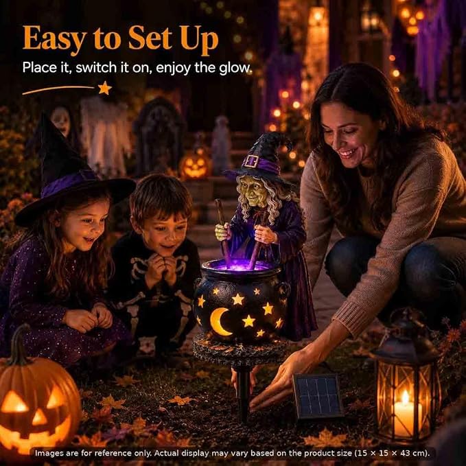 Solar Witch & Glowing Cauldron Halloween Garden Light ，1pc | Solar-powered Halloween Solar Light with glowing cauldron, automatic dusk lighting for garden, porch and pathway décor.