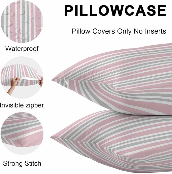Pink Grey Stripe Outdoor Pillow Covers 26x26 Inch Throw Pillow Covers Set of 2 Waterproof Decorative Pillow Cases Farmhouse Minimalist Striped Cushion Covers for Patio Furniture Garden Couch Sofa