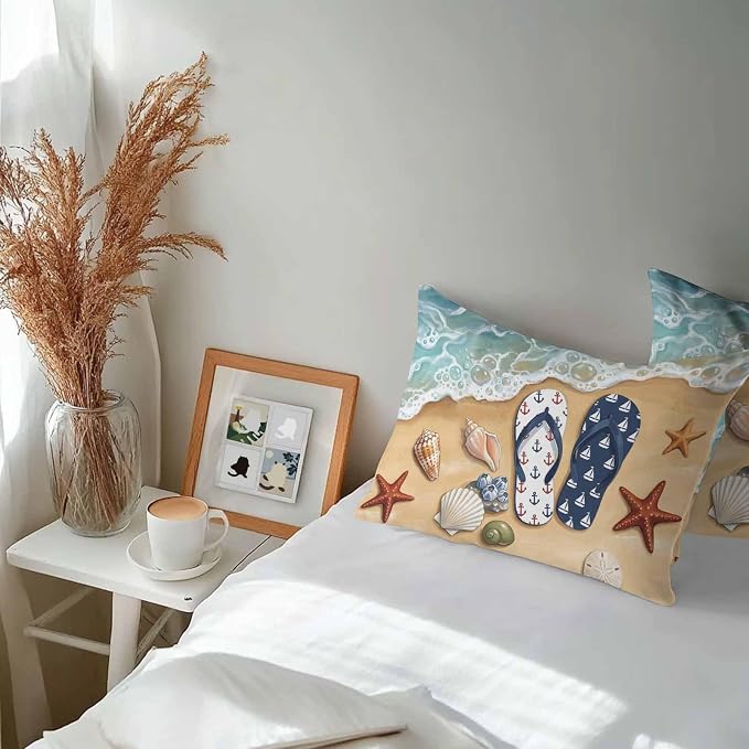 Blue Beige Seaside Outdoor Waterproof Throw Pillow Covers 20x12 Set of 2, Coastal Waves Starfish Summer Beach Nautical Decorative Pillowcases Cushion Pillowcase for Couch Sofa Patio Pillow Protector
