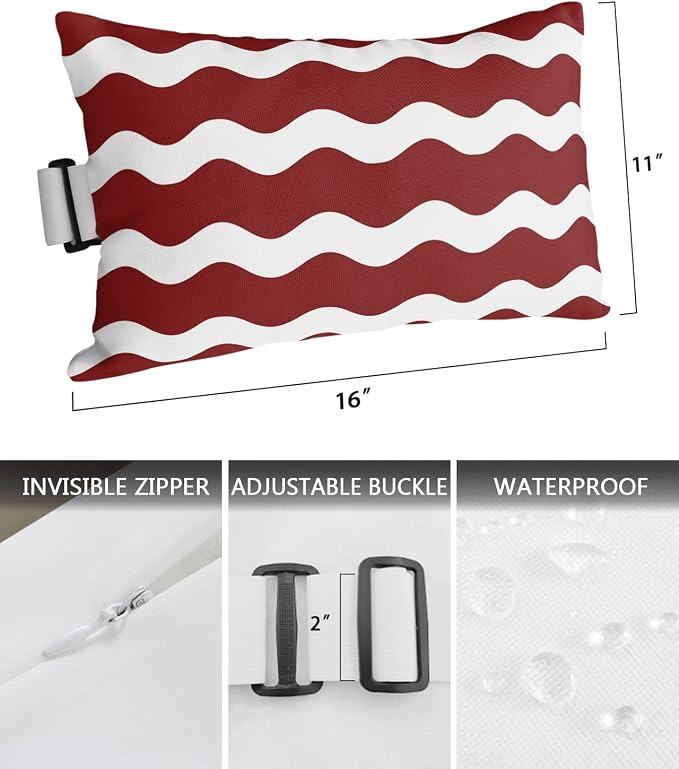 Outdoor Pillows Covers with Inserts Red Sea Wave Ripple Waterproof Recliner Pillow with Adjustable Strap Throw Pillows for Patio Furniture Pool Lounge Chair, 11x16 inch, 1PCS