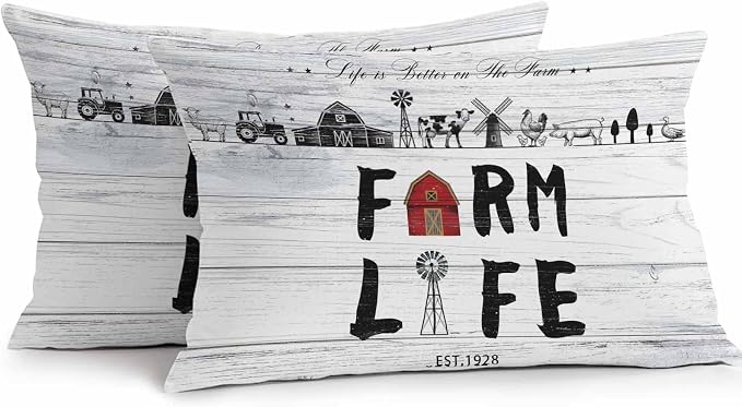 Outdoor Throw Pillows Covers 20x12 inch Set of 2 Waterproof Farm Life Decorative Zippered Cushion Covers for Patio Furniture, Farmhouse Barn Windmill Cow Chicken Tractor Wood Lumbar Pillowcases