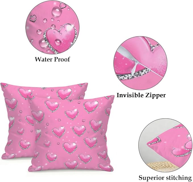 18x18 Inch Outdoor Pillow Covers Set of 2 Waterproof Throw Pillow Covers Decorative Couch Cushion Covers Pink Hearts with_ Diamonds Square Pillowcases Protectors for Patio Garden Sofa