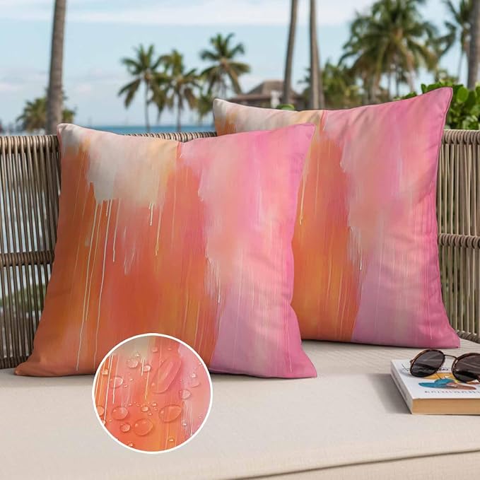 Outdoor Waterproof Pillow Covers Abstract Ombre Orange Pink Pack of 2 Lumbar Pillow Cover Oil Painting Art Decorative Cushion Pillowcases for Patio Couch Bench Garden 16 x 16 Inches