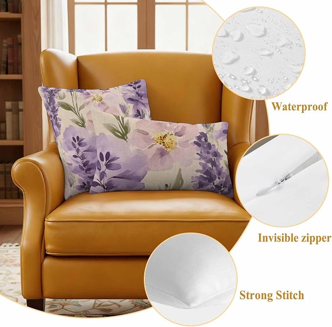 Spring Flowers Outdoor Waterproof Throw Pillow Covers Set of 2, 26"x26", Lavender Leaf Purple Floral Vintage Decorative Pillow Covers Outside Cushion Case for Patio Porch Garden