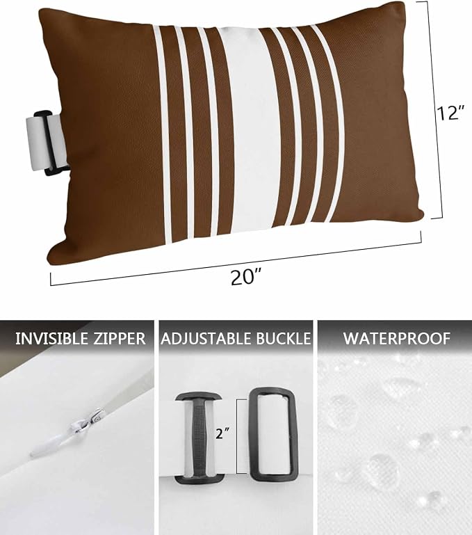 Pack of 4 Outdoor Lumbar Pillow Covers 12x20 Inch, Brown White Stripe Waterproof Throw Pillow Covers Set, Modern Rustic Vertical Striped Indoor&Outdoor Decorative Cushion Cases for Patio Porch Beach