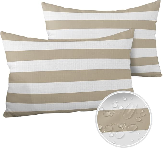 Outdoor Pillows 20x12 Waterproof Outdoor Pillow Covers Khaki White Stripes Polyester Throw Pillow Covers Garden Cushion Decorative Case for Patio Couch Decoration Set of 2 Geometric
