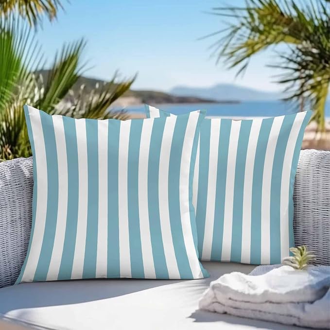 Aqua Striped Outdoor Waterproof Throw Pillow Covers 16x16 Set of 2, Modern Farmhouse Blue White Stripes Decorative Pillowcases Cushion Pillowcase for Couch Sofa Patio Outside Pillow Protector