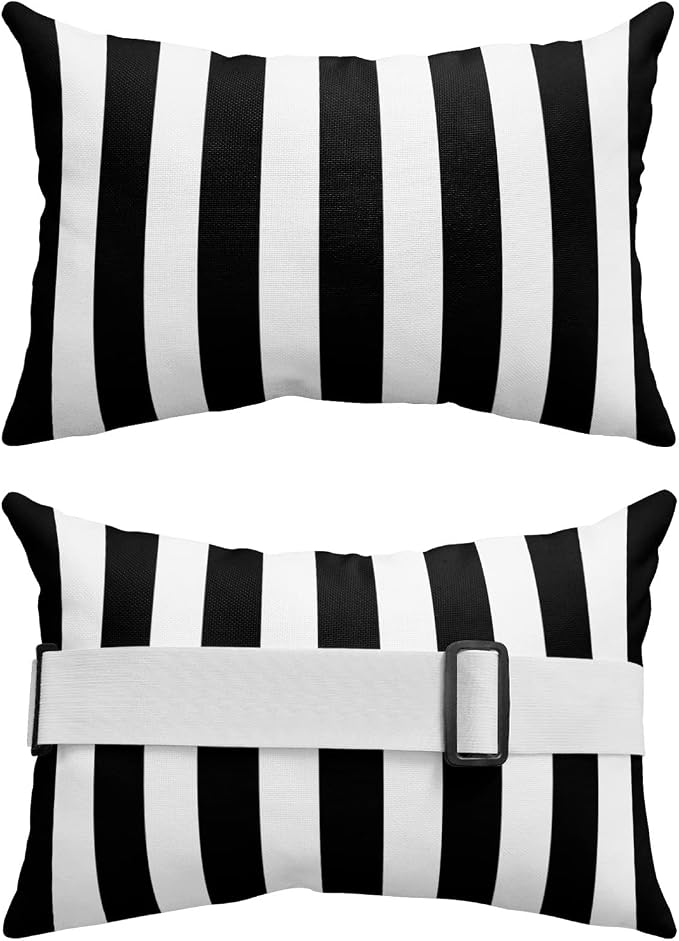 Chaise Lounge Head Resting Pillows, Simple Black and White Stripes Outdoor Waterproof Furniture with Insert and Adjustable Elastic Stripe Chaise Pillows for Recliner Beach Chair 11x16IN,2 Pcs