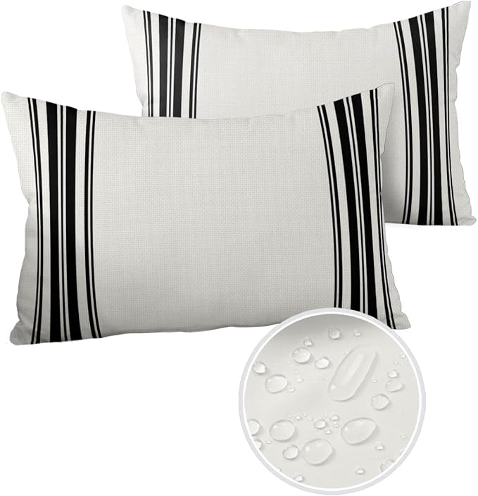 Outdoor Waterproof Pillow Covers for Patio Furniture Black Ticking Vertically Stripe Decorative Throw Pillow Cover Simple Style White Pillowcases Set of 2 Cushion Case for Sofa Couch Chair 20 x 12 In