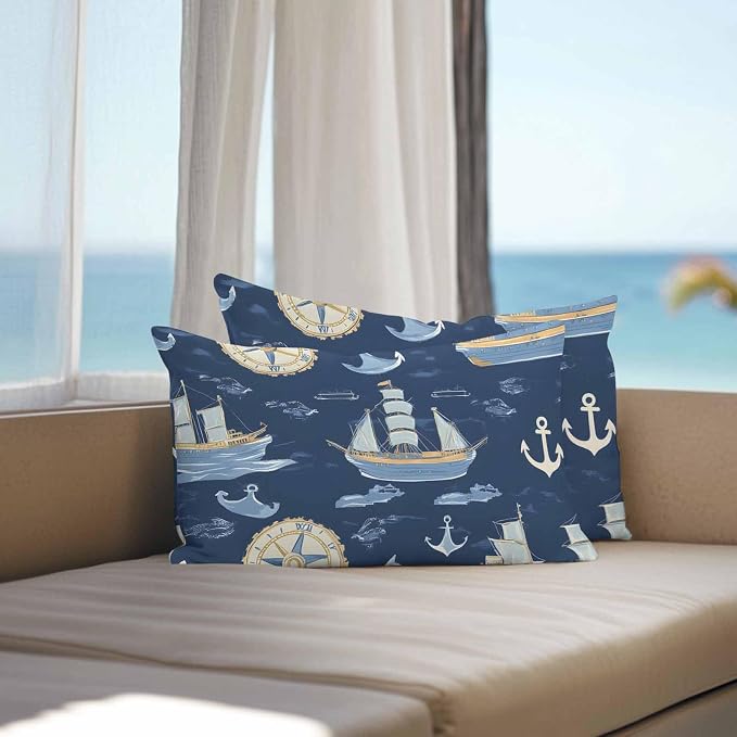 Coastal Boat on Navy Blue Outdoor Pillow Covers 20x12in Pack of 2 Waterproof Pillowcase Nautical Ocean Compass Anchor Decorative Throw Cushion Case for Patio Couch Sofa