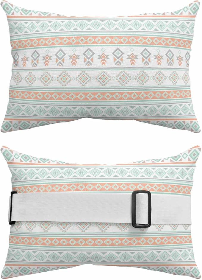 Outdoor Lumbar Pillow Set of 2, Light Green Boho Striped Waterproof Beach Headrest Pillow with Inserts, Southwestern Ethnic Tribe Vintage Recliner Throw Pillows for Patio Furniture, 12 x 20